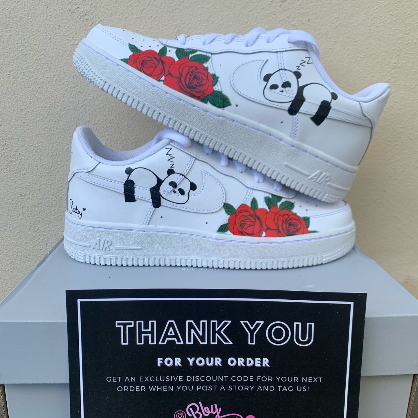 Custom Nike AF1 Low Sneakers Hand-Painted ‘Cute Panda and Roses Vinyl’